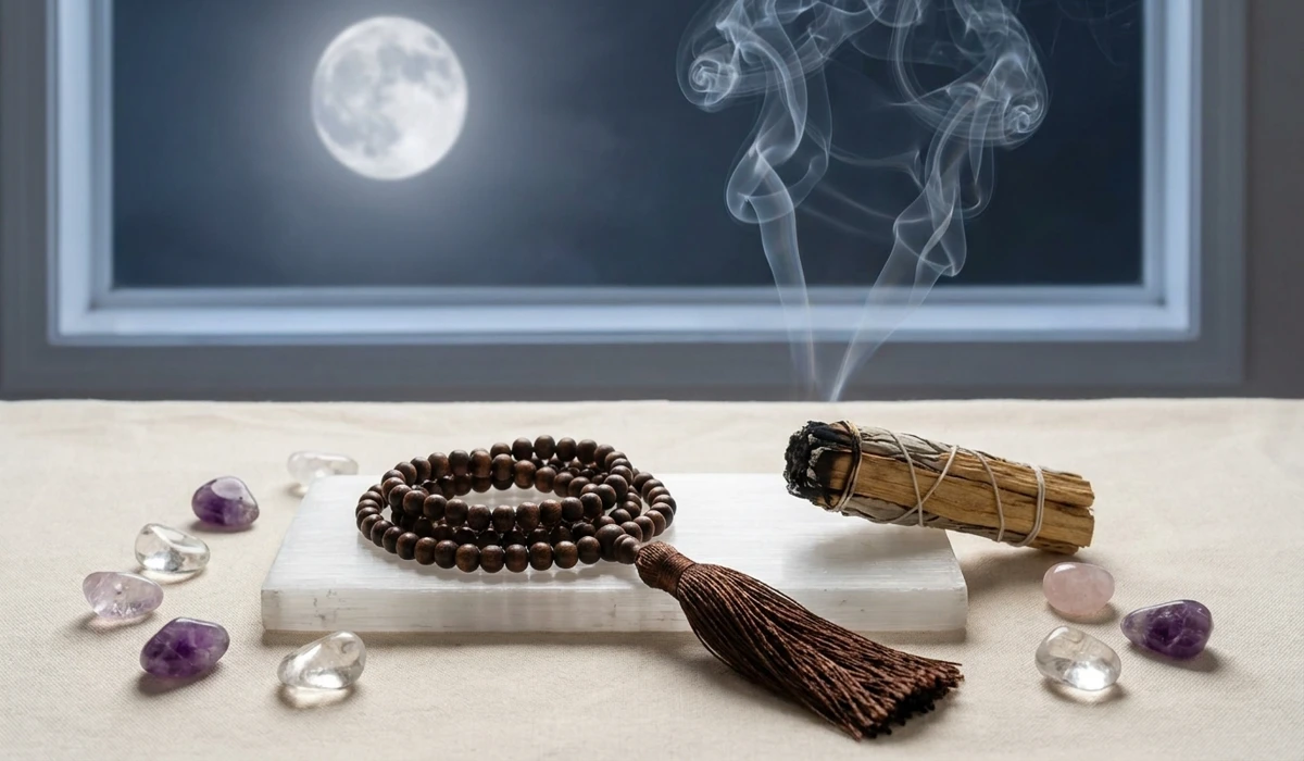 Cleansing mala beads with Palo Santo smoke and charging them on a Selenite plate under moonlight.