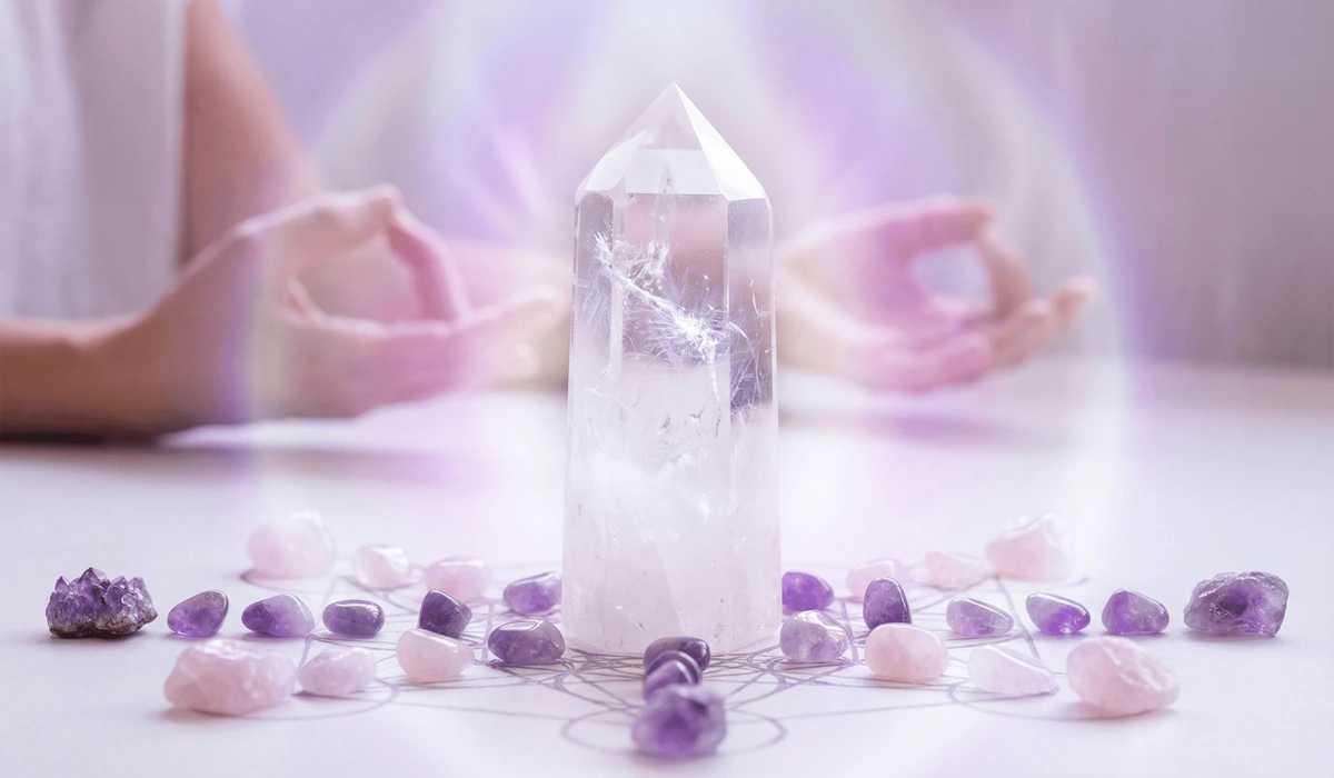 Clear quartz tower used as a central generator in a crystal grid for crown chakra healing and meditation.