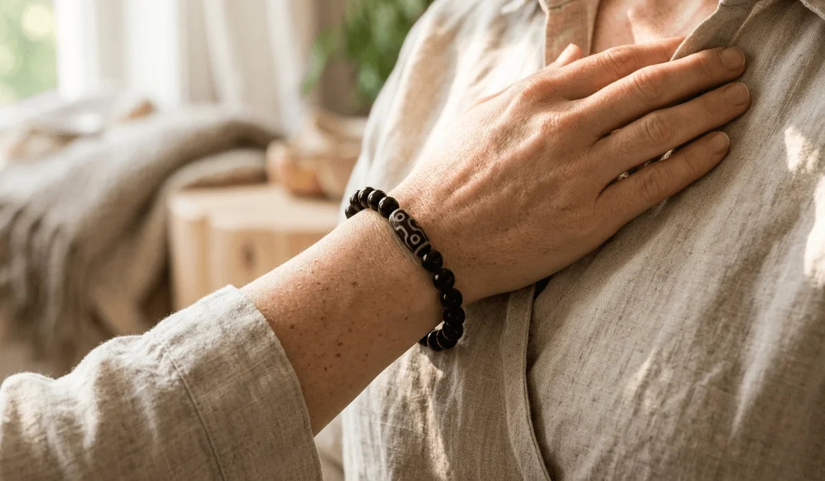 A person wearing a Dzi bead and black obsidian protection bracelet on their left wrist in a peaceful setting.