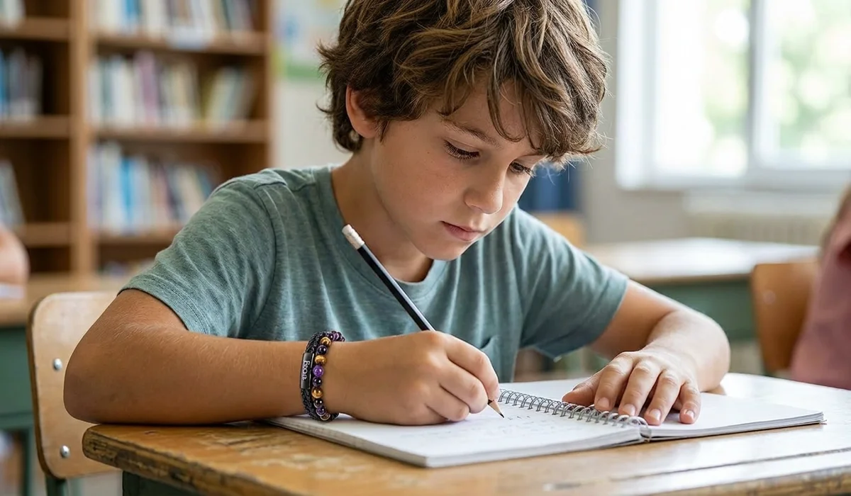 A school-aged boy wearing a Tiger's Eye bracelet for focus and emotional regulation during studies.