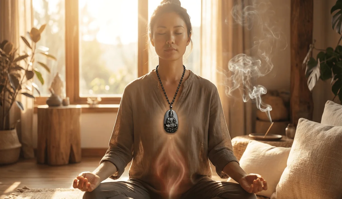 A person wearing an obsidian Buddha necklace during meditation, highlighting its connection to Root Chakra grounding and emotional peace.