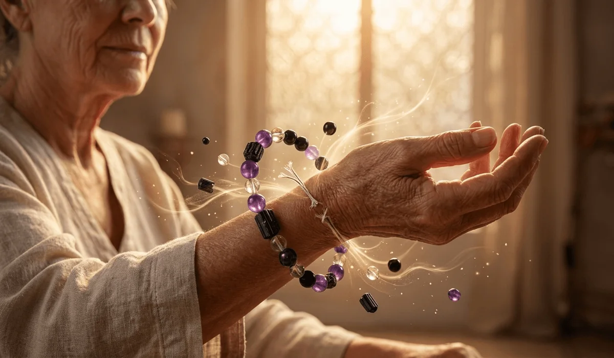 A crystal spiritual bracelet snapping mid-air, symbolizing karmic completion and a vibrational shift as beads scatter.