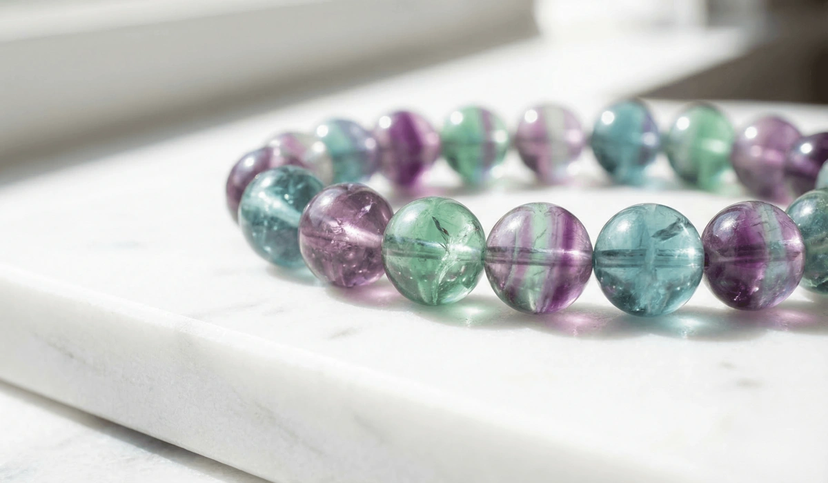 A close-up of a Rainbow Fluorite bracelet with purple and green translucent beads on a white marble background, highlighting its natural color zoning.