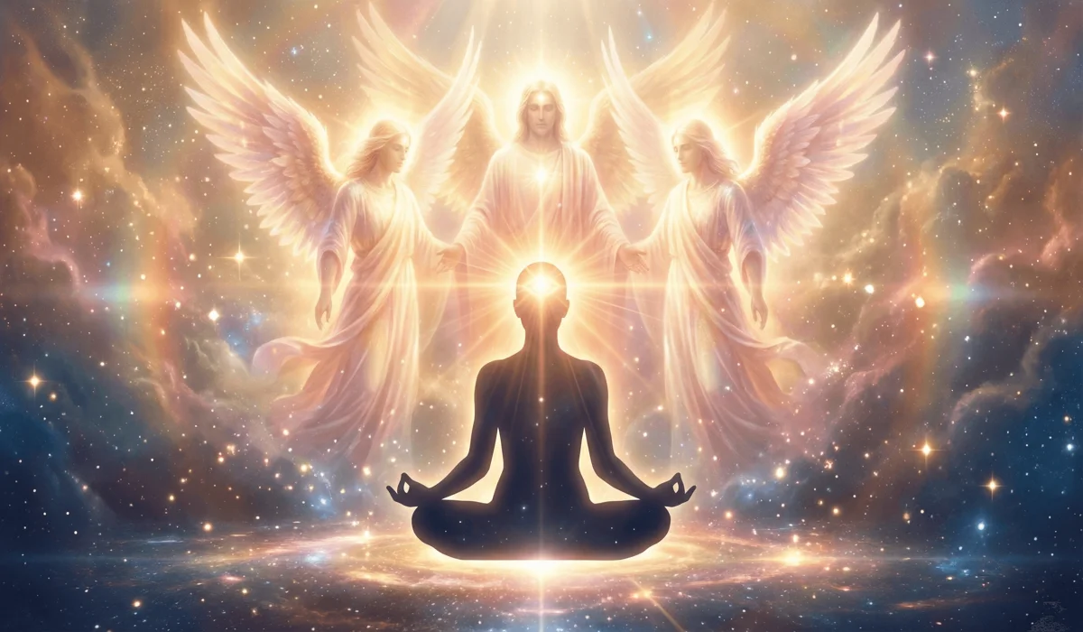 Visual representation of spiritual awakening and the presence of Ascended Masters guiding a person under the influence of angel number 333.