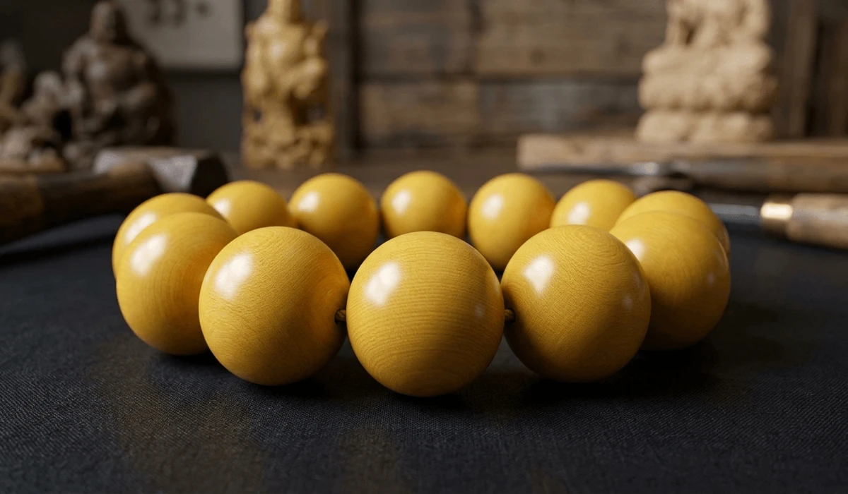 Close-up of a Boxwood bracelet showing the dense, stone-like grain and buttery yellow texture of Huangyangmu wood.