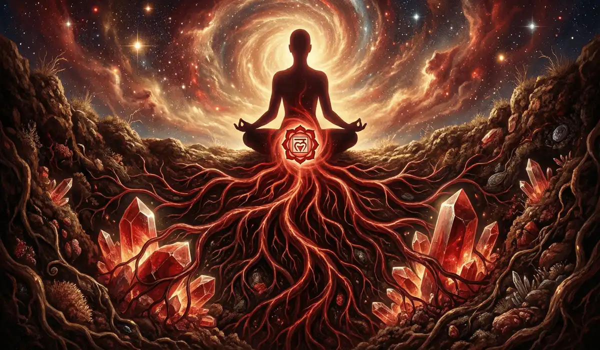 Digital art representing the Root Chakra Muladhara energy balance with roots extending into the earth for spiritual grounding.