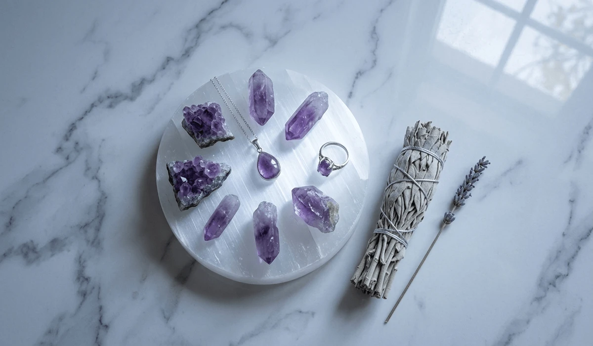 Amethyst jewelry being charged on a selenite plate under moonlight for positive energy cleansing and metaphysical maintenance.