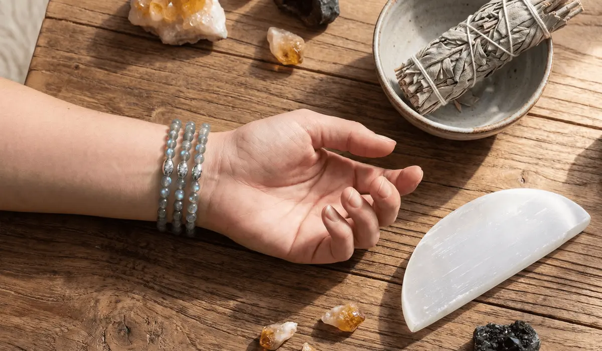 Person wearing a labradorite bracelet on the left wrist for receiving healing energy during meditation.