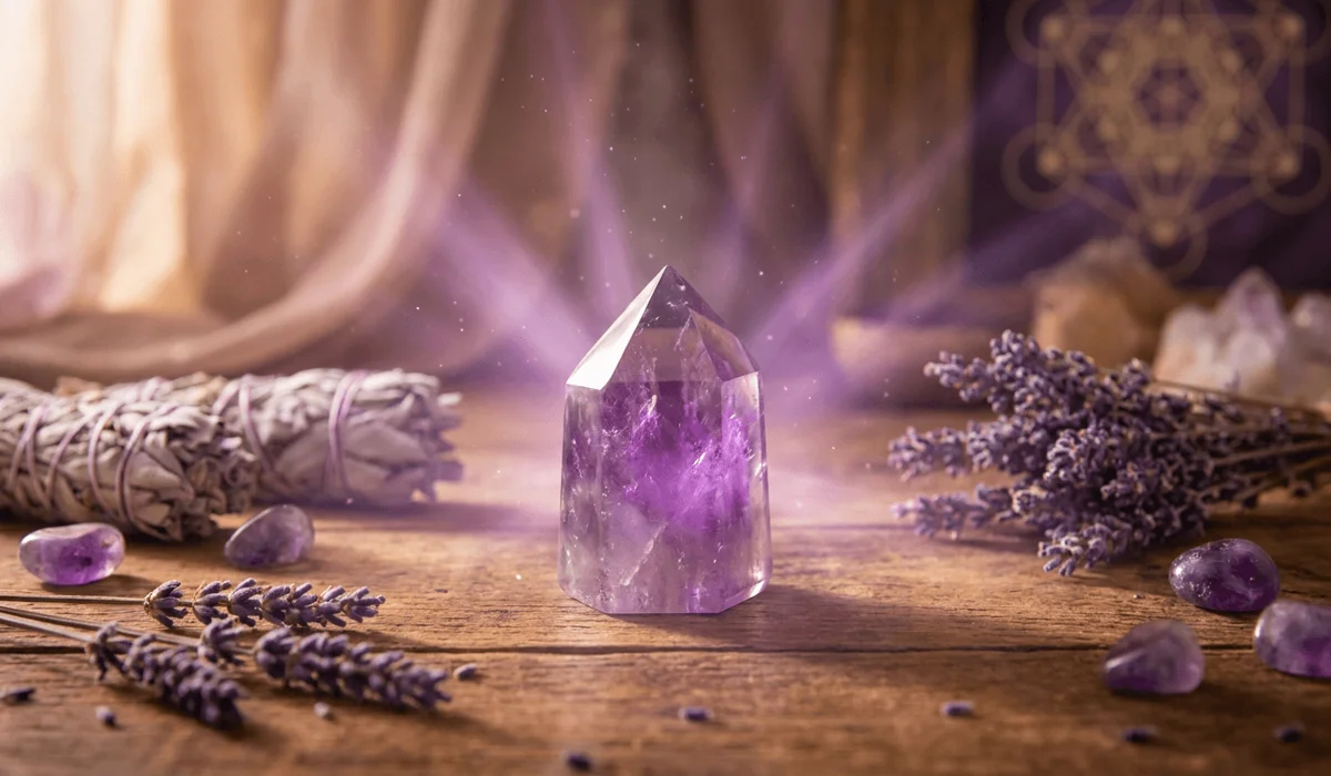 Amethyst crystal point on a peaceful meditation altar representing spiritual energy and Third Eye chakra balance.