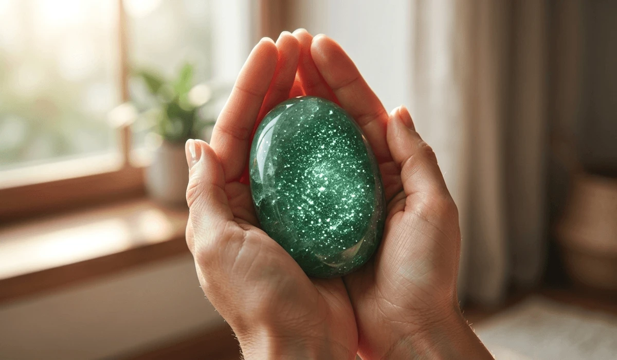 A person holding a polished Green Aventurine palm stone during a meditation session for inner peace and focus.