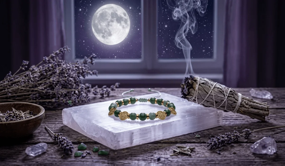 A Feng Shui wealth anklet being cleansed with sage and charged on a selenite plate under moonlight.