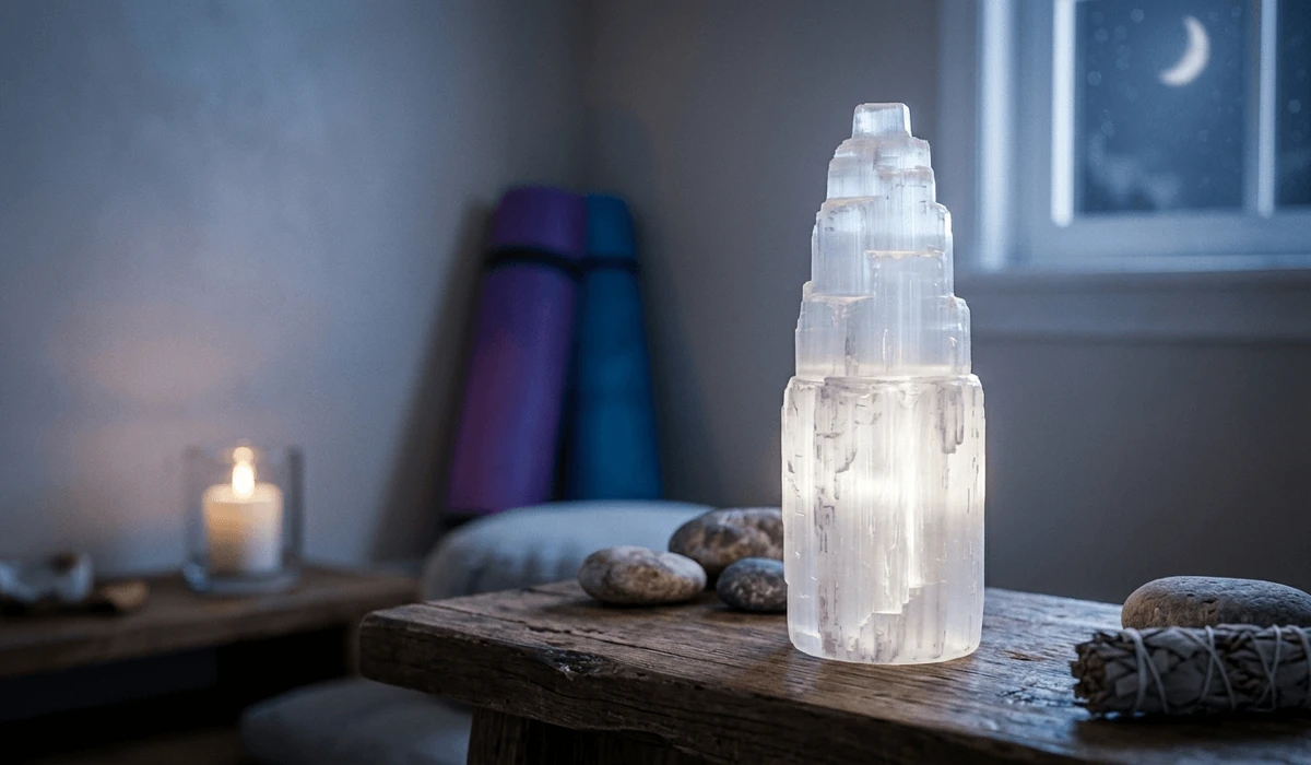 A glowing Selenite crystal tower on a meditation altar representing its spiritual meaning as liquid light.