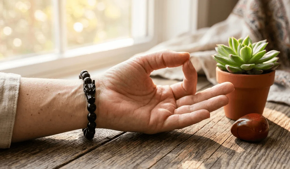 A person wearing a black obsidian dragon bracelet on their left hand during a mindfulness grounding practice.