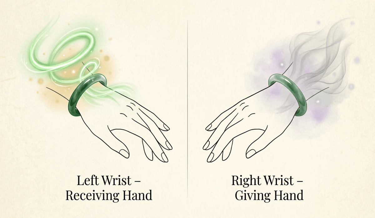 Feng Shui diagram illustrating the 'Receiving' left hand and 'Giving' right hand energy flow for jade jewelry.