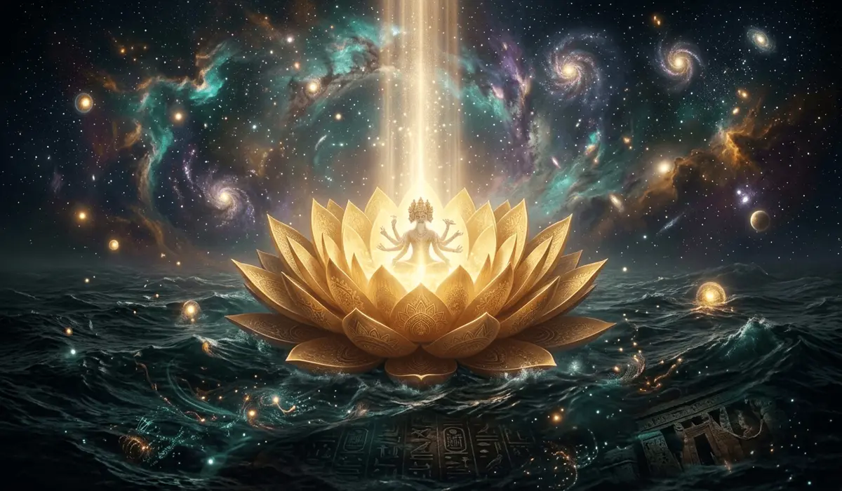 Digital art representing the cosmic origin of the lotus flower emerging from primordial waters as a symbol of creation and divinity.