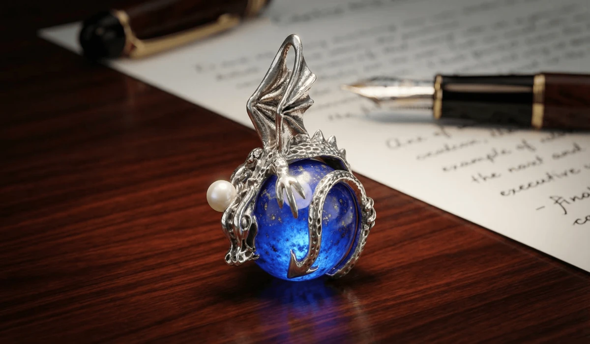 A detailed sterling silver dragon pendant with a blue lapis lazuli gemstone, symbolizing professional confidence and communication skills.