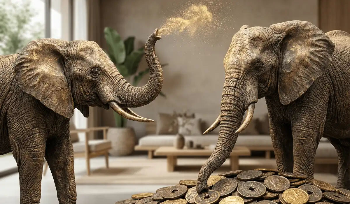 Close-up of elephant trunk symbolism in Feng Shui, showing trunk up for luck and trunk down for wisdom and grounding.