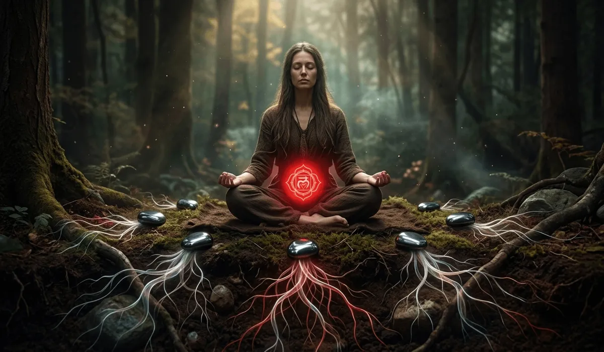 Spiritual visualization of hematite stone grounding the root chakra with earth element energy.