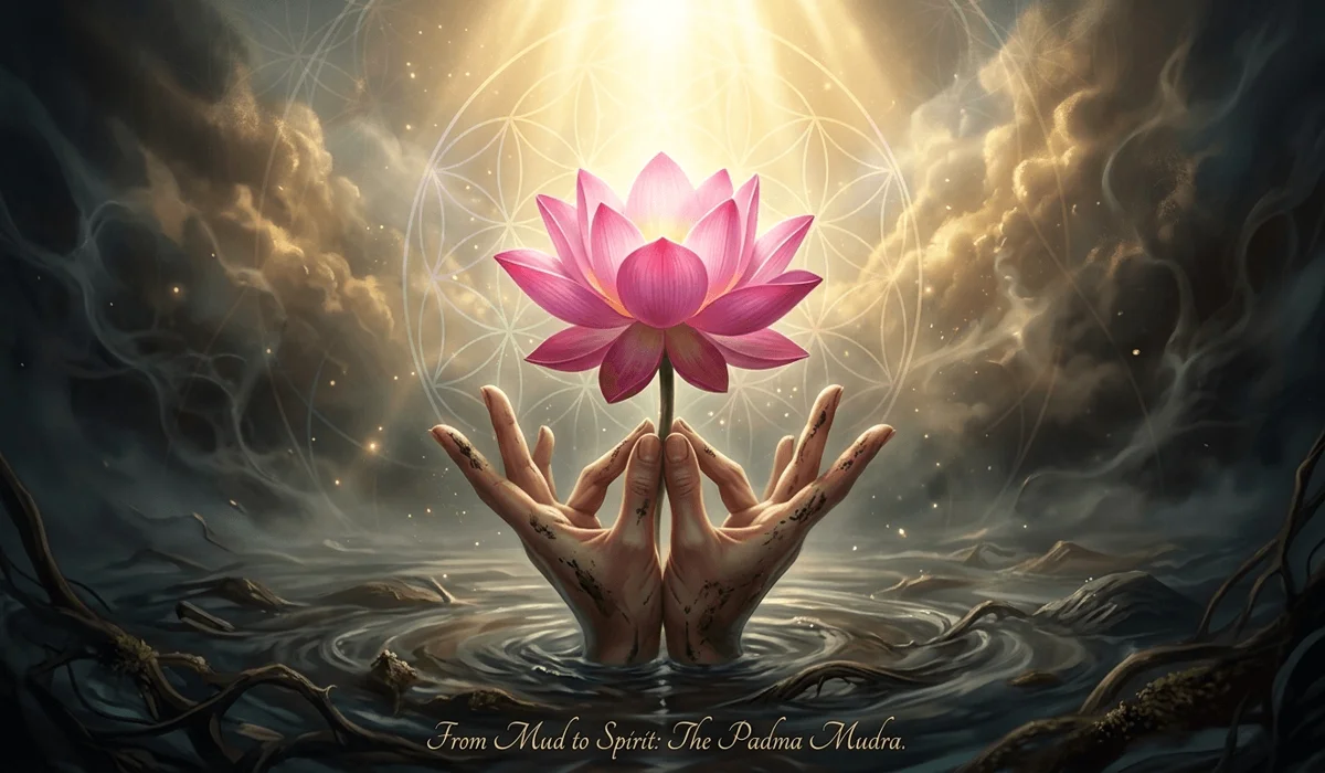 Symbolic representation of a lotus flower blooming from mud into light, illustrating the spiritual meaning of Padma Mudra.