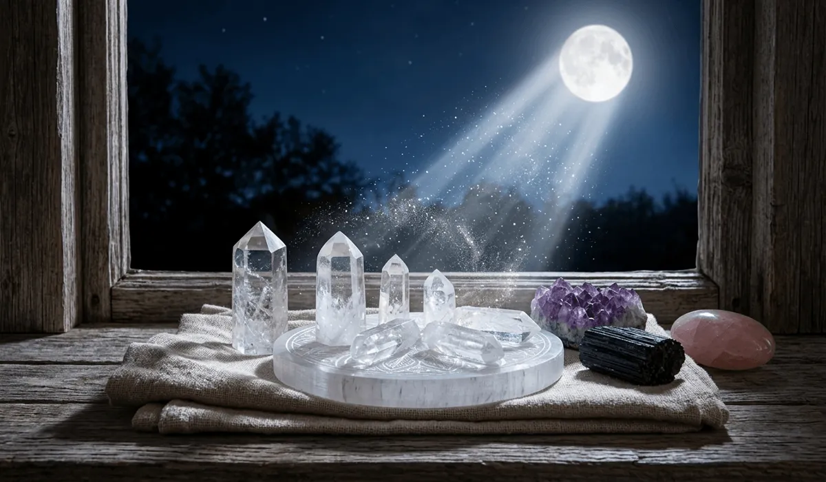 Clear Quartz crystals being charged under the light of a full moon on a windowsill for energy purification.