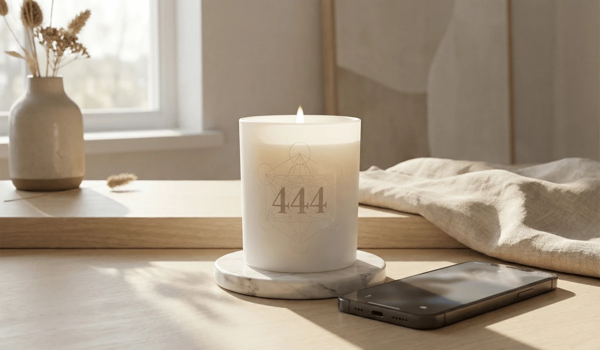 Minimalist 444 angel number candle in a bright, modern setting, illustrating digital detox and the stability of sacred geometry.