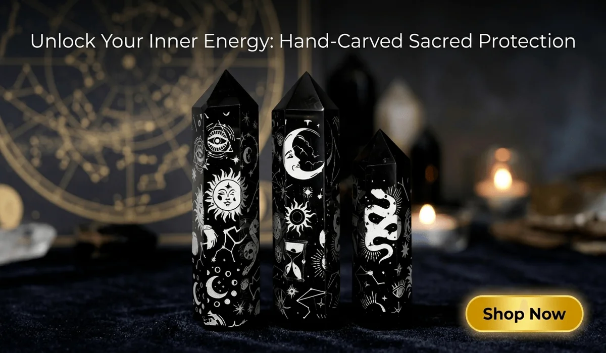 Set of 3 Silver Moon and Star Totem Obsidian Crystal Pillars with mystical celestial engravings for home decor and spiritual protection