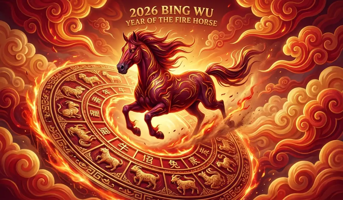 A powerful red horse leaping from a Chinese Zodiac wheel representing the 2026 Year of the Fire Horse.