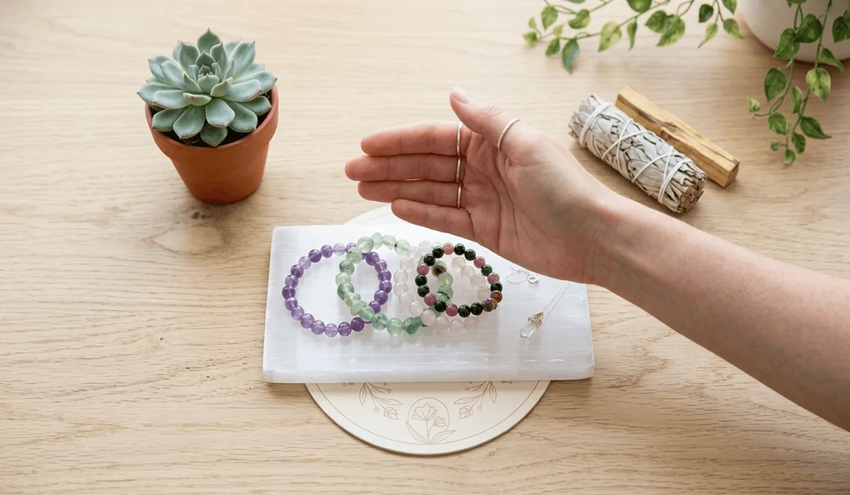 Close-up of crystal jewelry being cleansed on a selenite charging plate during an intention-setting ritual.