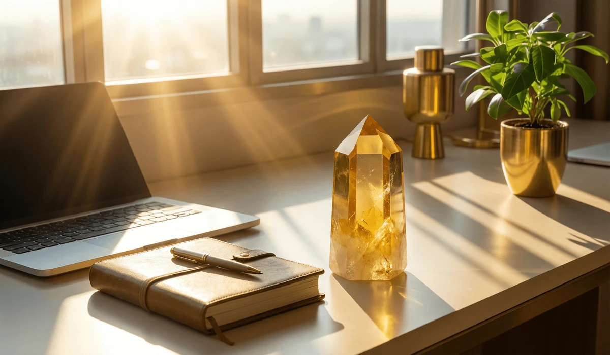 Citrine crystal on a modern office desk to attract business success and mental clarity.