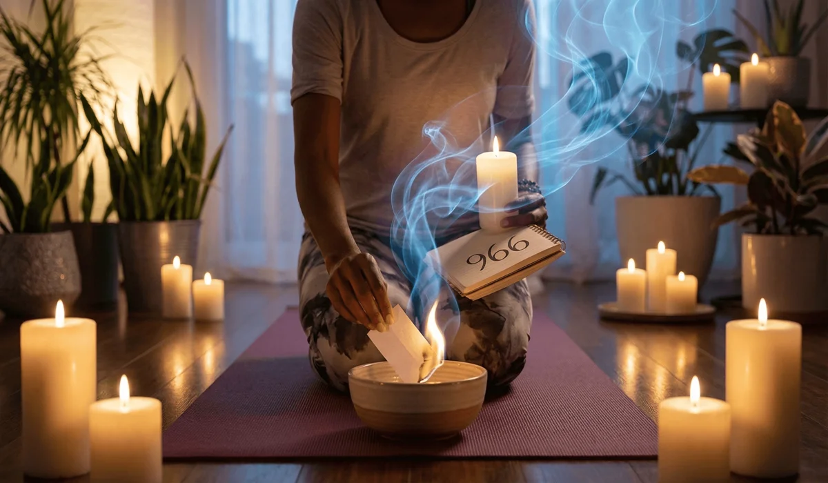 A peaceful meditation setting featuring candles and the 999 frequency symbol, illustrating a ritual for dissolving karmic ties and embracing new beginnings.