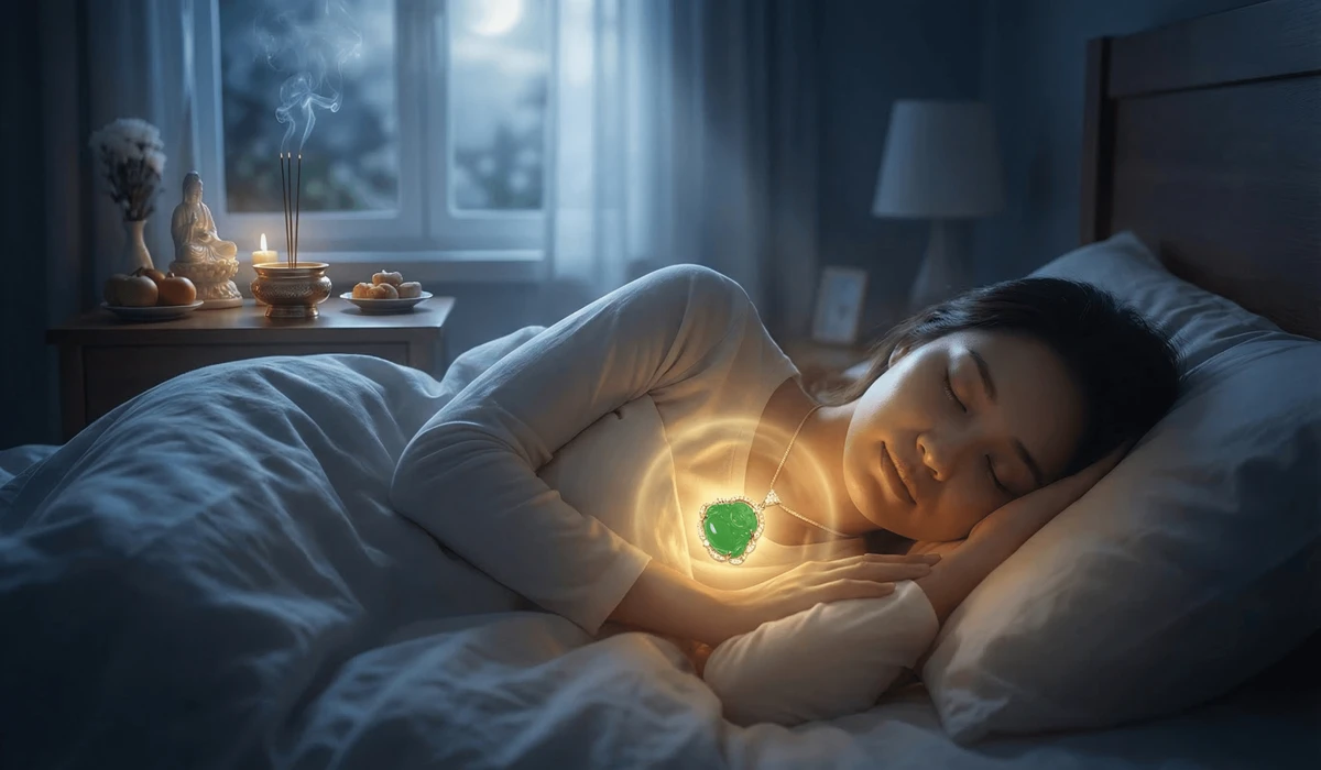Visual representation of the spiritual protection and peace provided by a Buddha necklace during sleep.