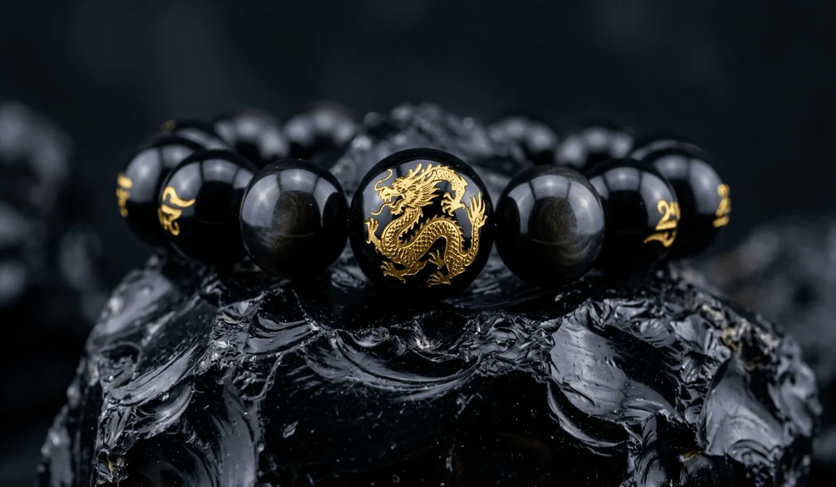 A high-quality close-up of a black obsidian dragon bracelet featuring a gold-carved dragon bead resting on volcanic rock.