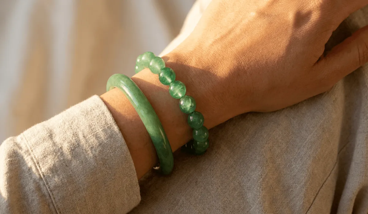 A person wearing a Green Aventurine beaded bracelet and a polished Jade bangle styled with natural linen clothing.