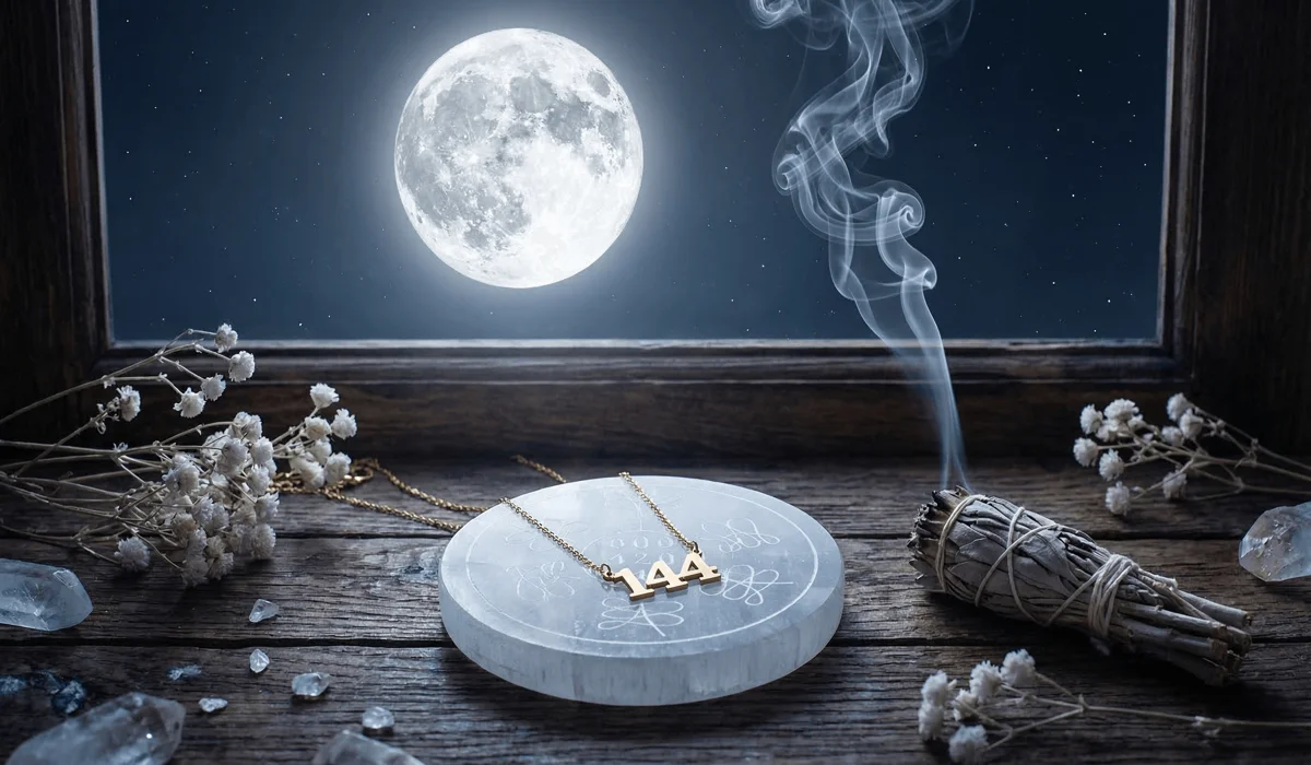 An angel number necklace being cleansed by moonlight and sage on a selenite plate for spiritual jewelry activation.