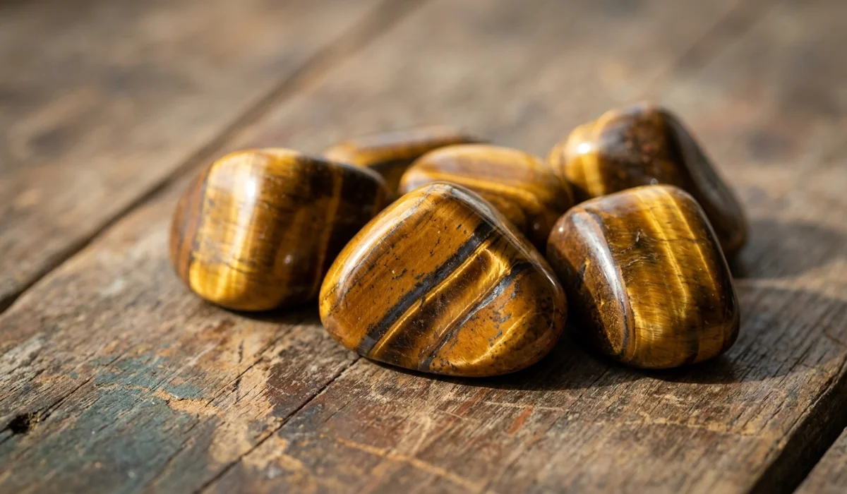 Close-up of polished Tiger&rsquo;s Eye tumbled stones showing golden and brown chatoyant bands on a wooden surface.