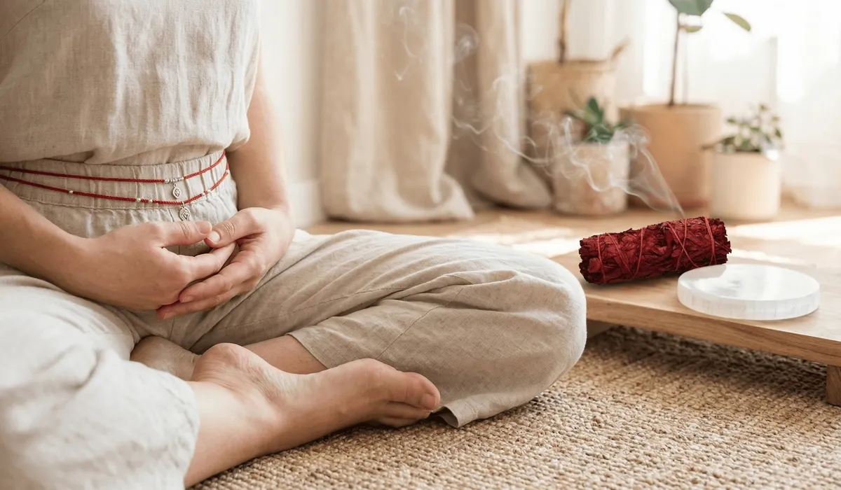 A person meditating while wearing a red waist thread, surrounded by sage smoke and crystals for cleansing.