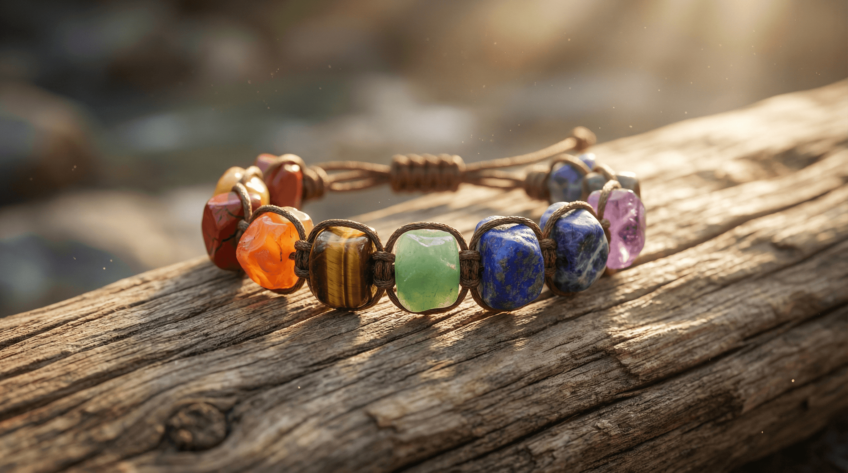 A 7 chakra bracelet featuring seven colorful natural gemstones representing different energy points.