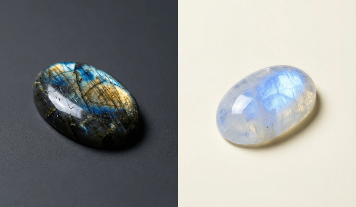 Visual comparison between the dark iridescence of labradorite and the milky glow of moonstone.