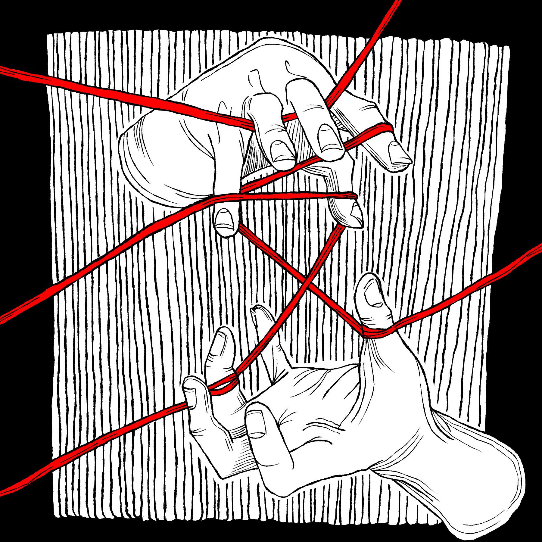 A creative illustration of two hands connected by a red thread across a distance.