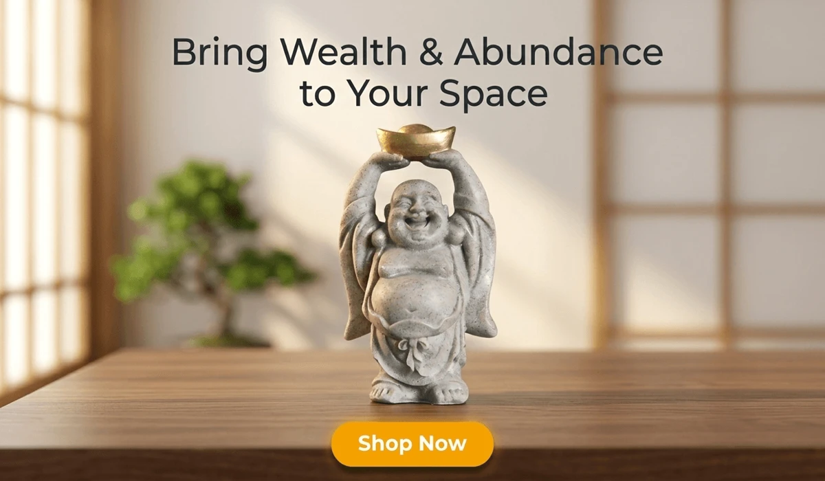 Handmade Sandstone Laughing Buddha statue holding a gold ingot, a symbol of wealth and happiness, styled in a minimalist Zen home interior for SEO blog content.
