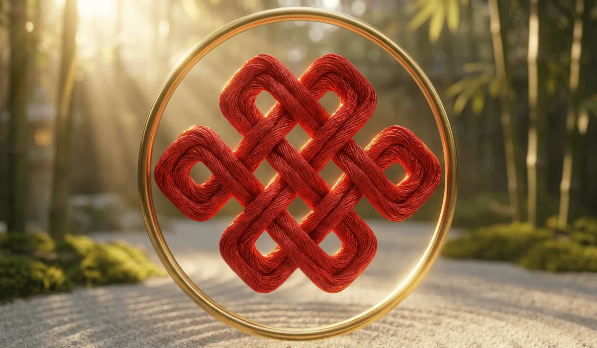 An intricate red Feng Shui Mystic Knot symbolizing the Buddhist concept of infinite wisdom and interconnectedness in a serene setting.