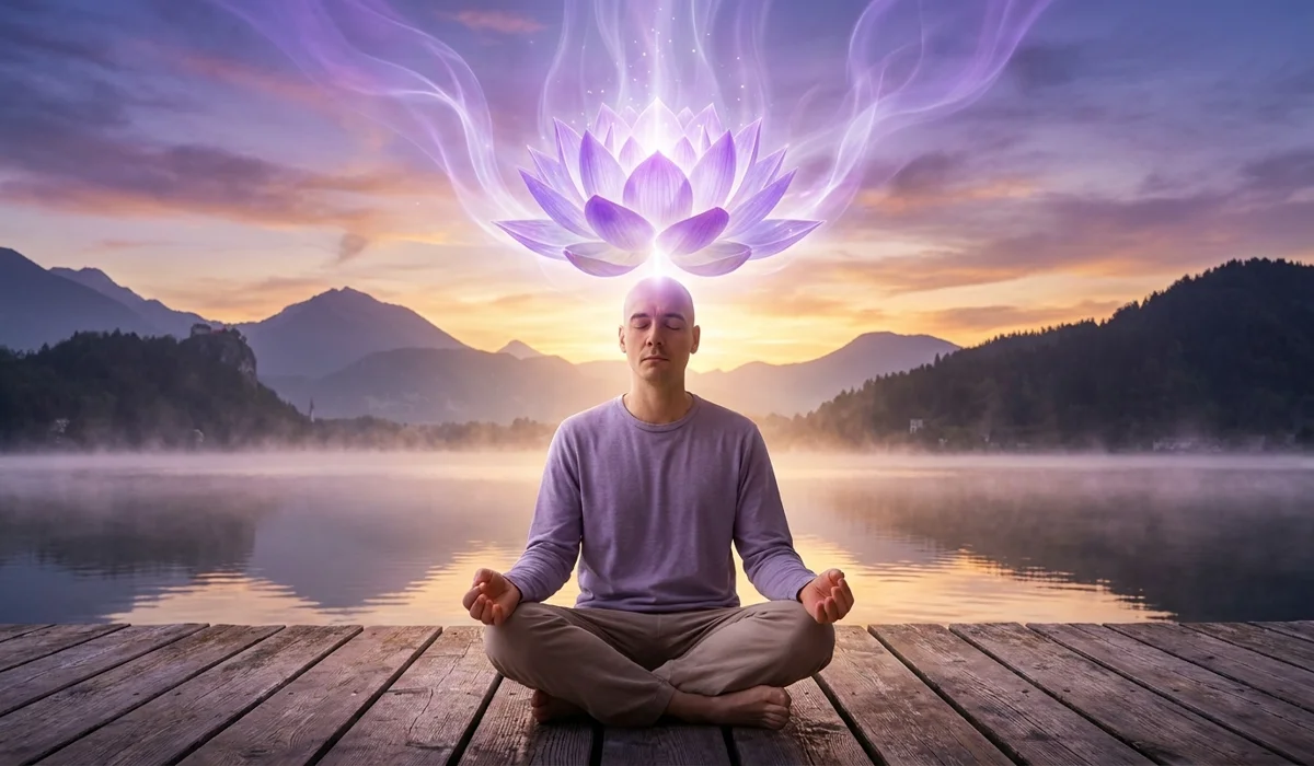 A yoga practitioner in the lotus meditation pose with a glowing 1000-petaled crown chakra symbol representing spiritual awakening and energy flow.