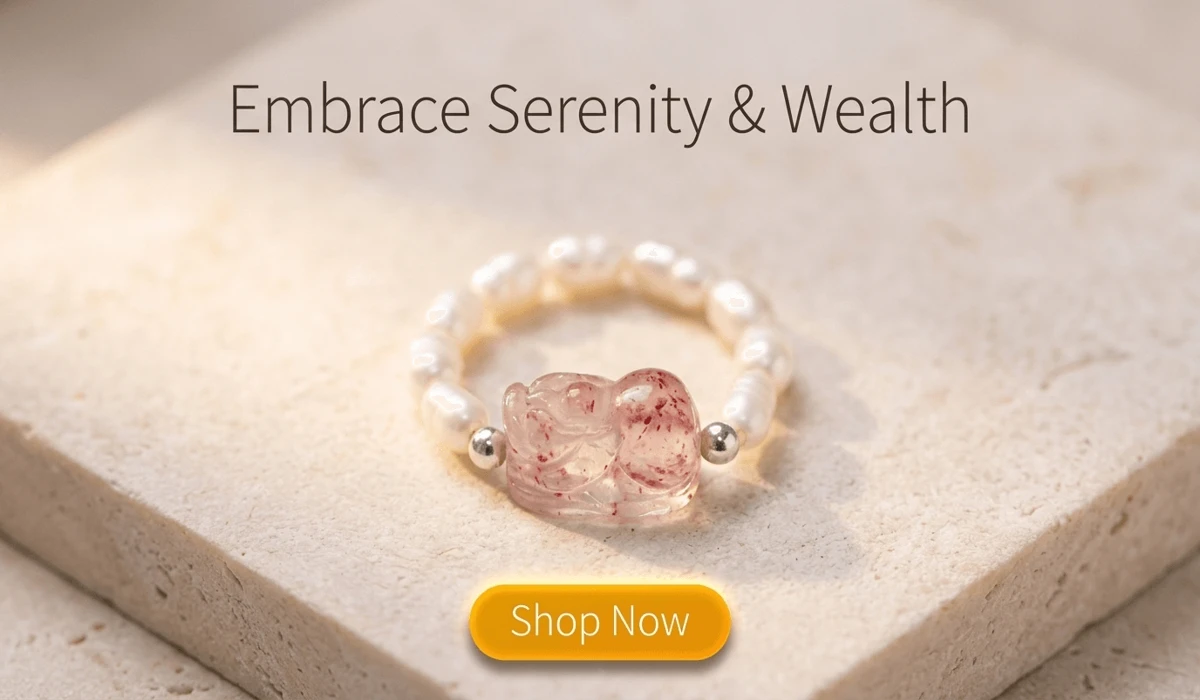Elegant Pearl Pixiu Ring for Peace, Love and Fortune featuring white pearls and pink crystal Pixiu charm - Shop Now