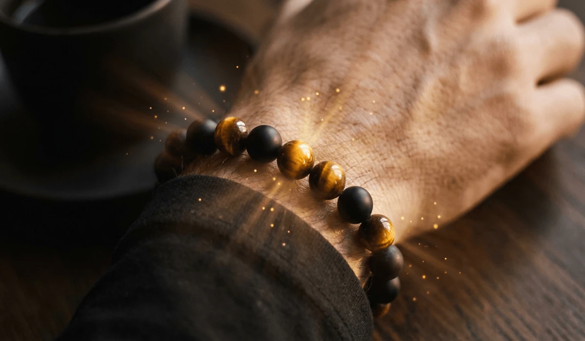 Close-up of a man wearing a Tiger's Eye and Black Obsidian spiritual bracelet on his right wrist symbolizing Yang action energy.
