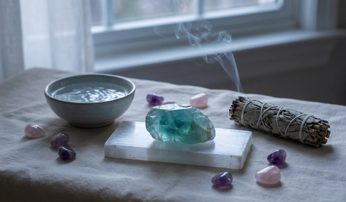 Aquamarine crystal being cleansed with sage and charged on a selenite plate under moonlight to maintain its spiritual energy.