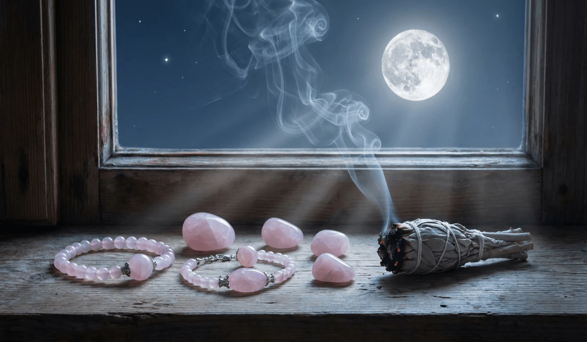 Rose Quartz crystals being cleansed with sage and charged under moonlight for spiritual maintenance.