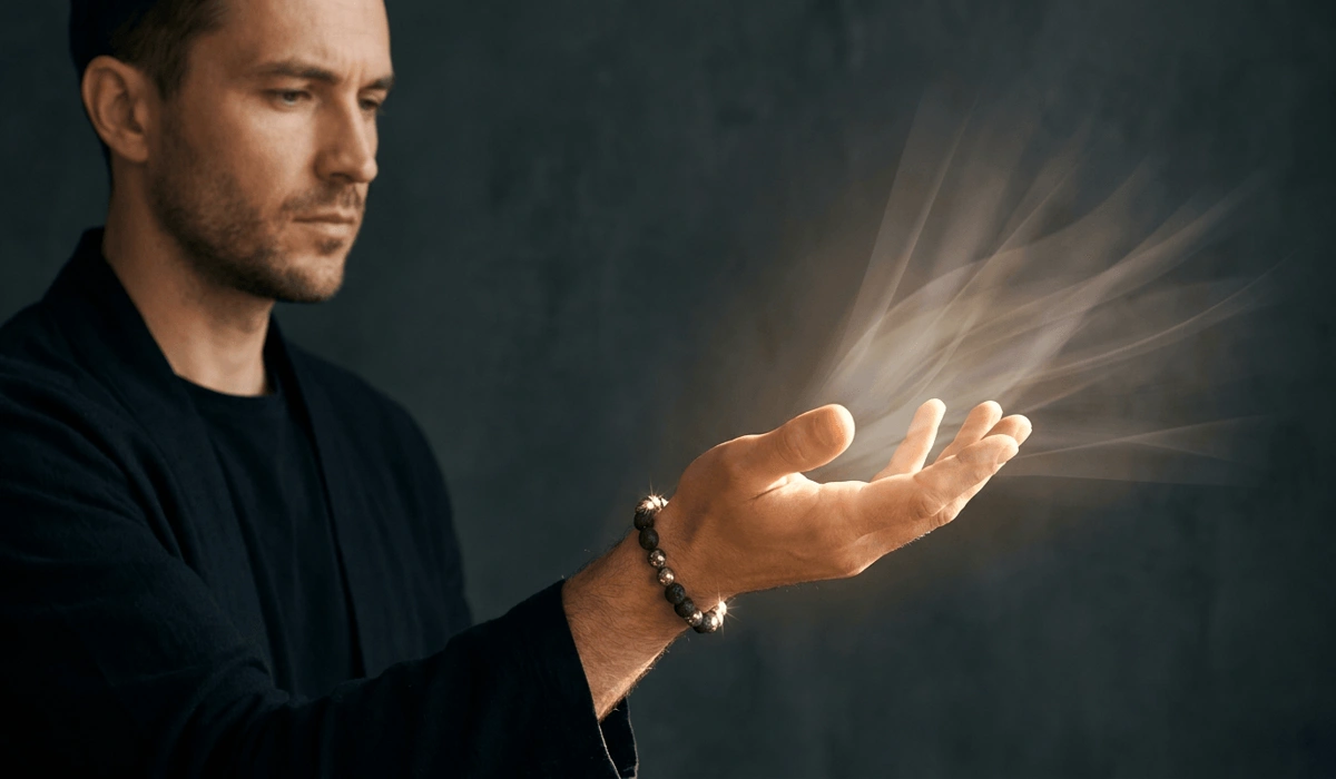 Man demonstrating projective energy flow with a crystal bracelet worn on his right hand for manifestation and action.