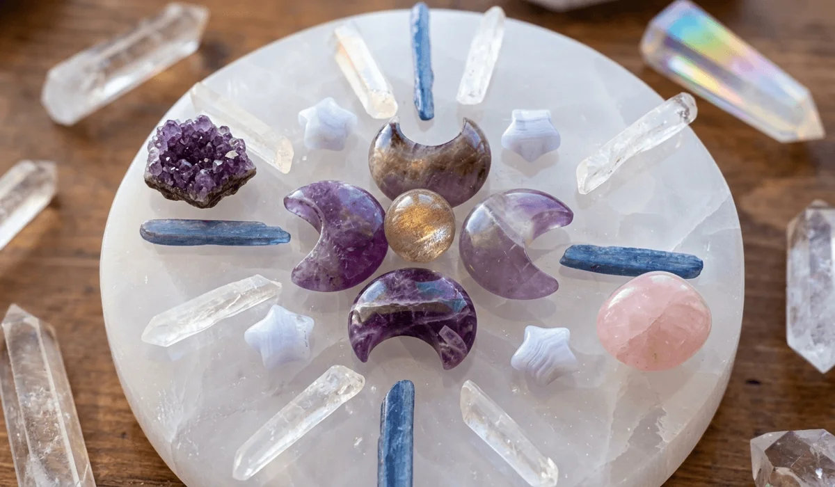 A polished white selenite charging plate with amethyst and rose quartz crystals being recharged on a wooden surface.
