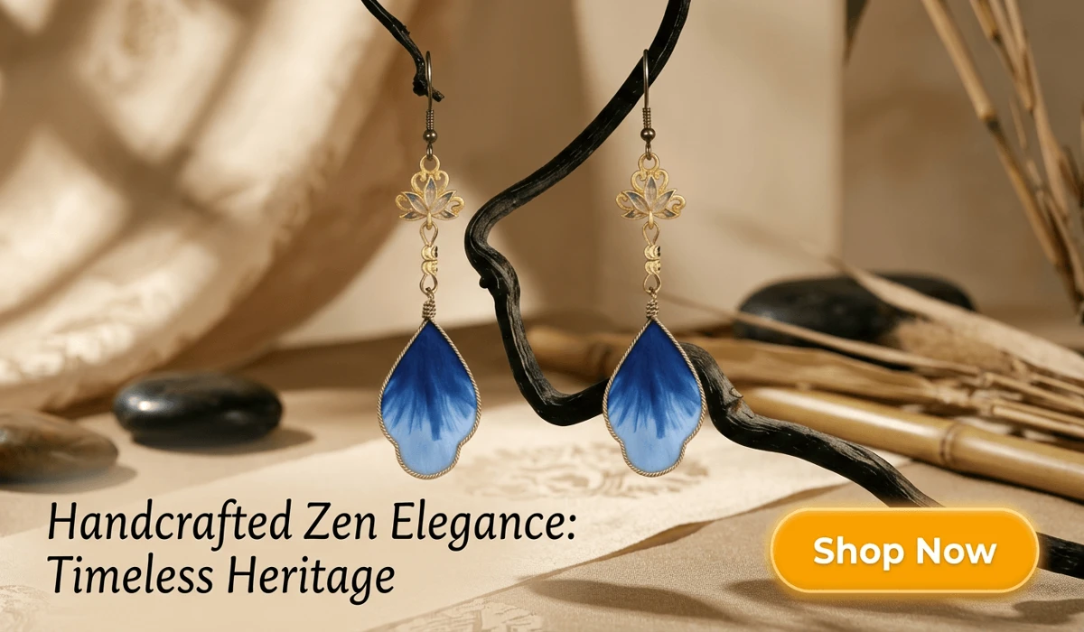 Ethereal Lotus Silk Flower RONGHUA Earrings in Blue and Gold - Handcrafted Zen Style Jewelry for Elegant Fashion Blog
