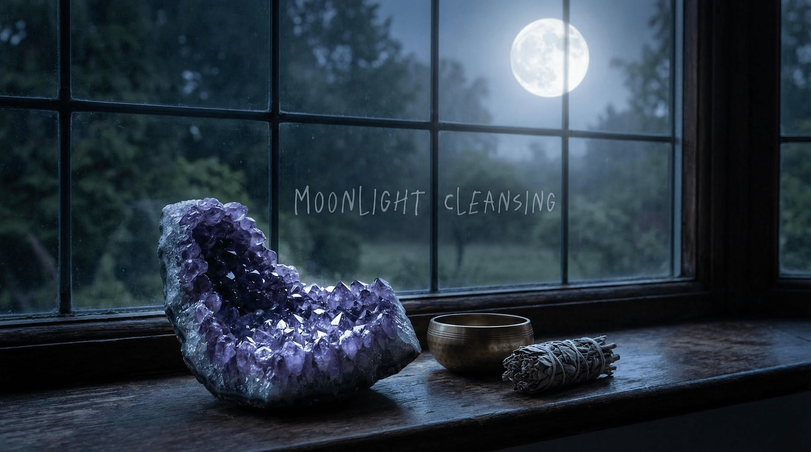 Amethyst geode being cleansed by moonlight on a windowsill to recharge its energy.